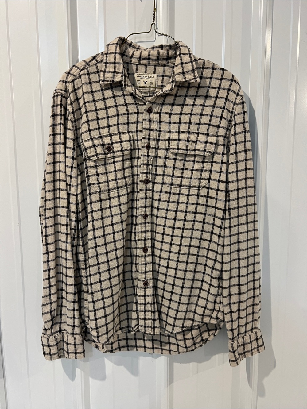 American Eagle Outfitters Cream and Black Windowpane Button-Up Shirt